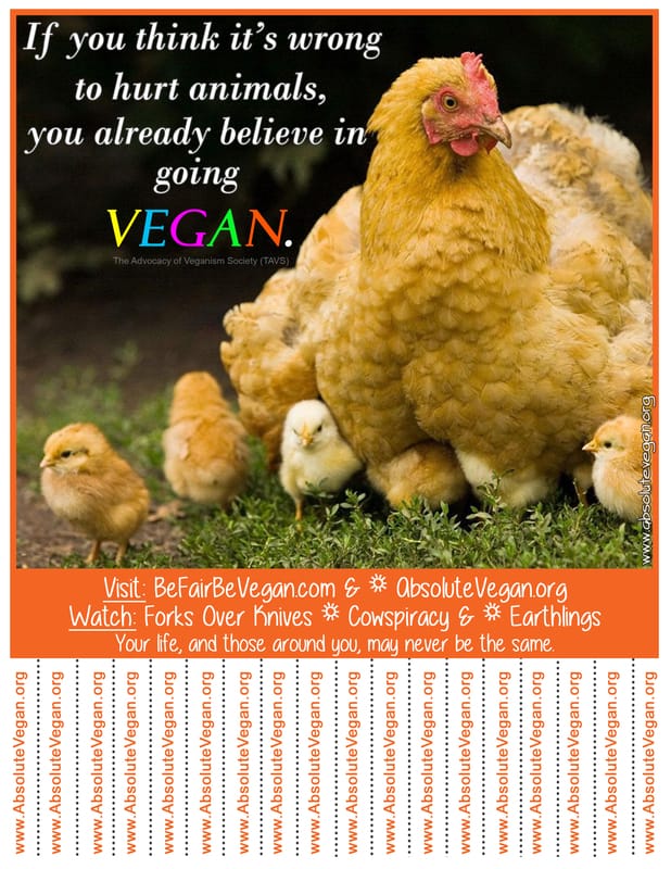 Vegan advocacy tear-off posters - If you think it's wrong to hurt animals, you already believe in going VEGAN. AbsoluteVegan.org